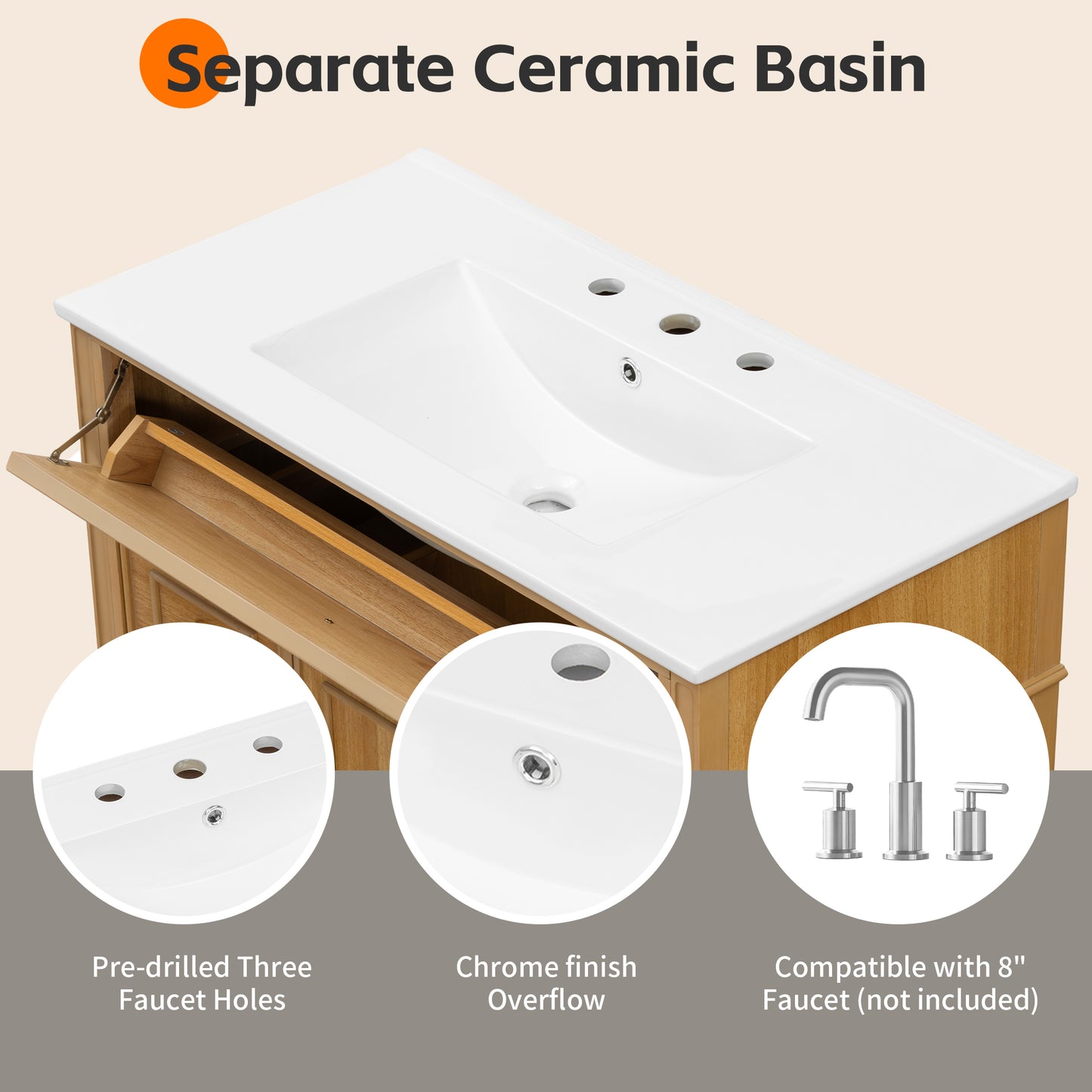 VanityFus 36-in Wood Bathroom Vanity Single Sink Combo Ceramic Top 2 Soft Close Doors 3 drawers Undermount Adjustable Shelves