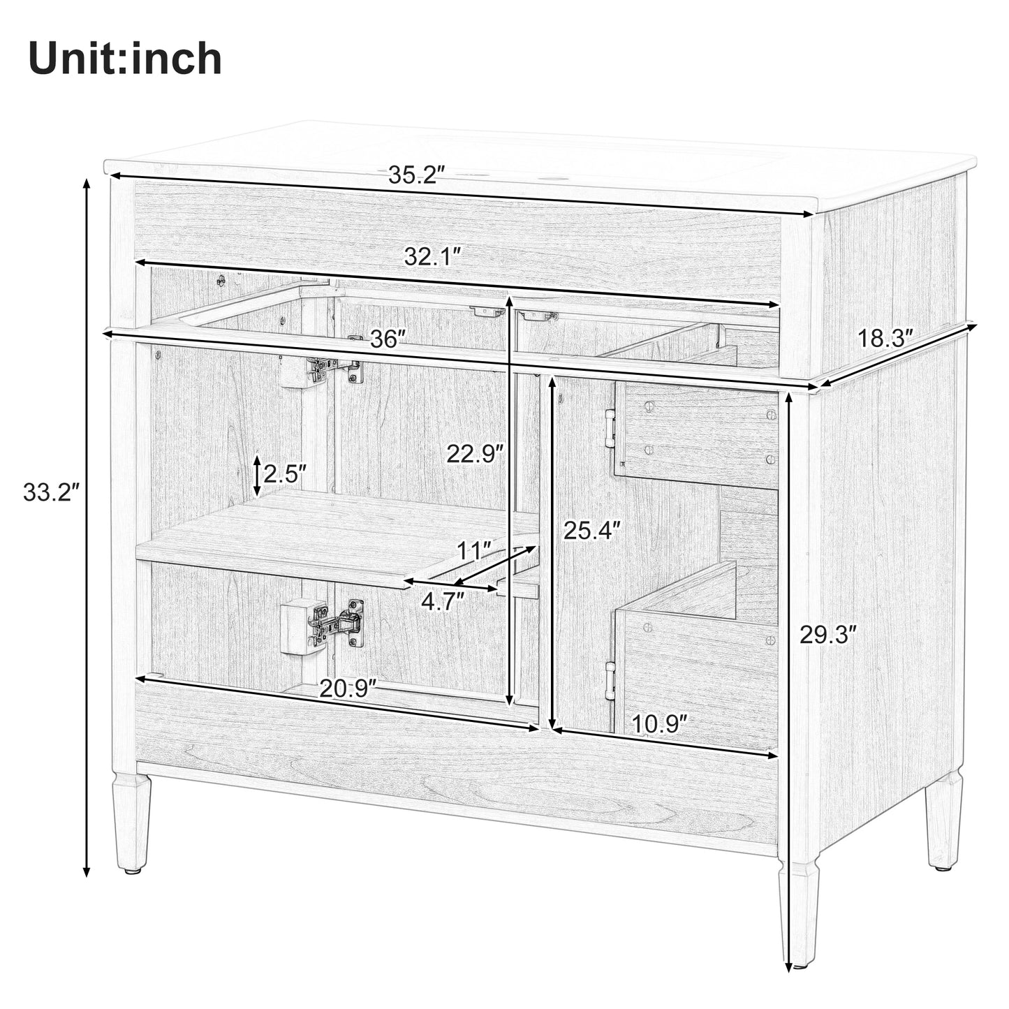 VanityFus 36-in Wood Bathroom Vanity Single Sink Combo Ceramic Top 2 Soft Close Doors 3 drawers Undermount Adjustable Shelves
