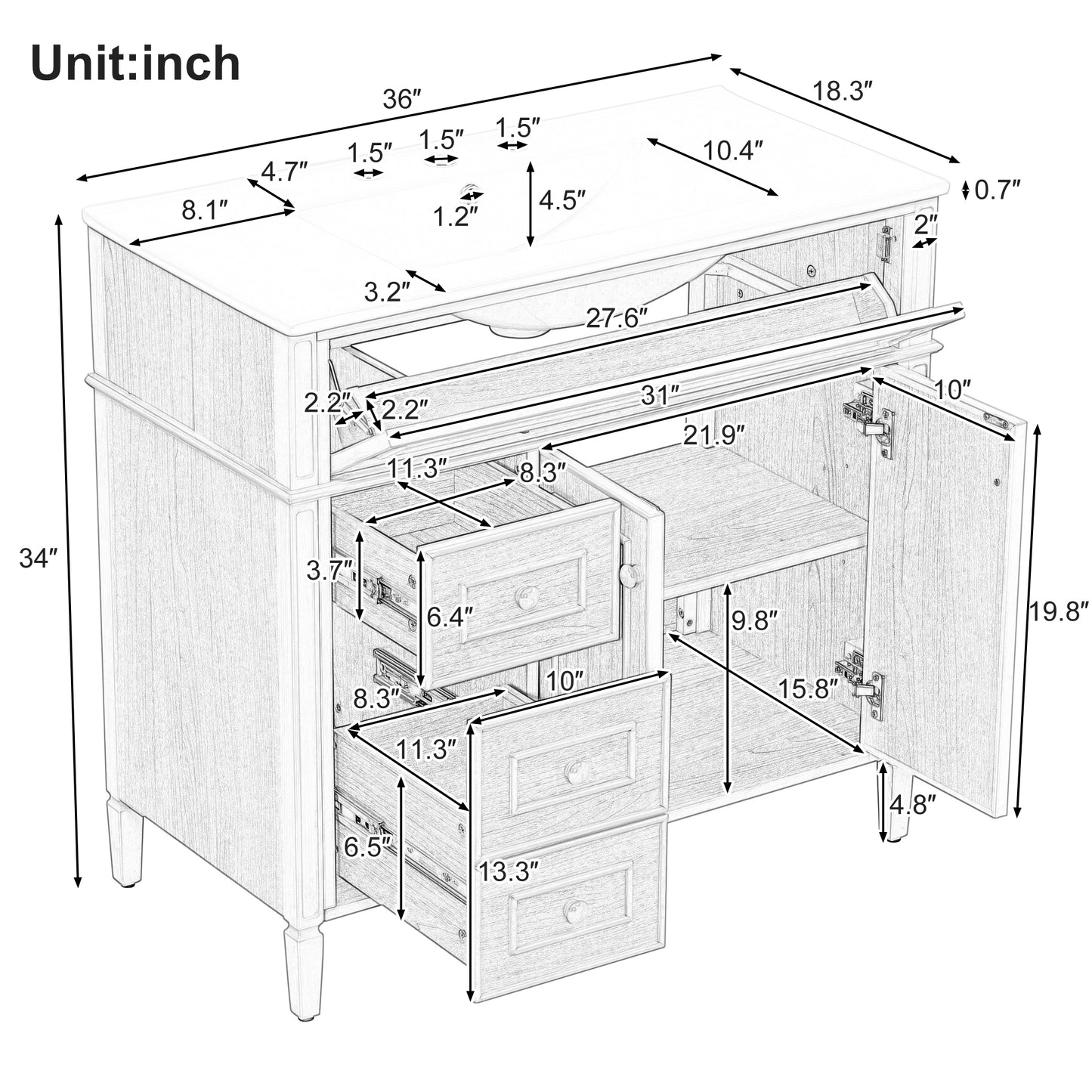VanityFus 36-in Wood Bathroom Vanity Single Sink Combo Ceramic Top 2 Soft Close Doors 3 drawers Undermount Adjustable Shelves