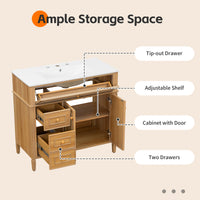 VanityFus 36-in Wood Bathroom Vanity Single Sink Combo Ceramic Top 2 Soft Close Doors 3 drawers Undermount Adjustable Shelves