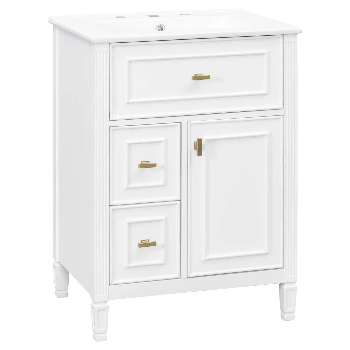 VanityFus 24-in White Bathroom Vanity Single Sink Combo Ceramic Top 1 door 3 drawers Undermount Adjustable Shelves