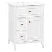 VanityFus 24-in White Bathroom Vanity Single Sink Combo Ceramic Top 1 door 3 drawers Undermount Adjustable Shelves