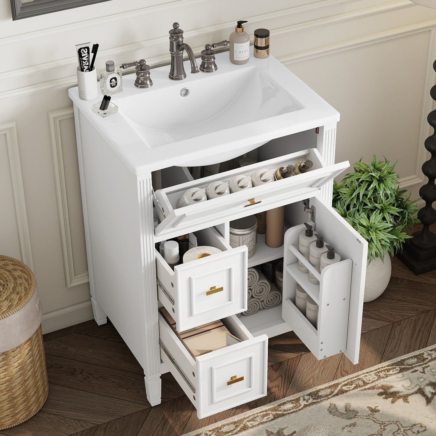 VanityFus 24-in White Bathroom Vanity Single Sink Combo Ceramic Top 1 door 3 drawers Undermount Adjustable Shelves