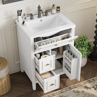 VanityFus 24-in White Bathroom Vanity Single Sink Combo Ceramic Top 1 door 3 drawers Undermount Adjustable Shelves