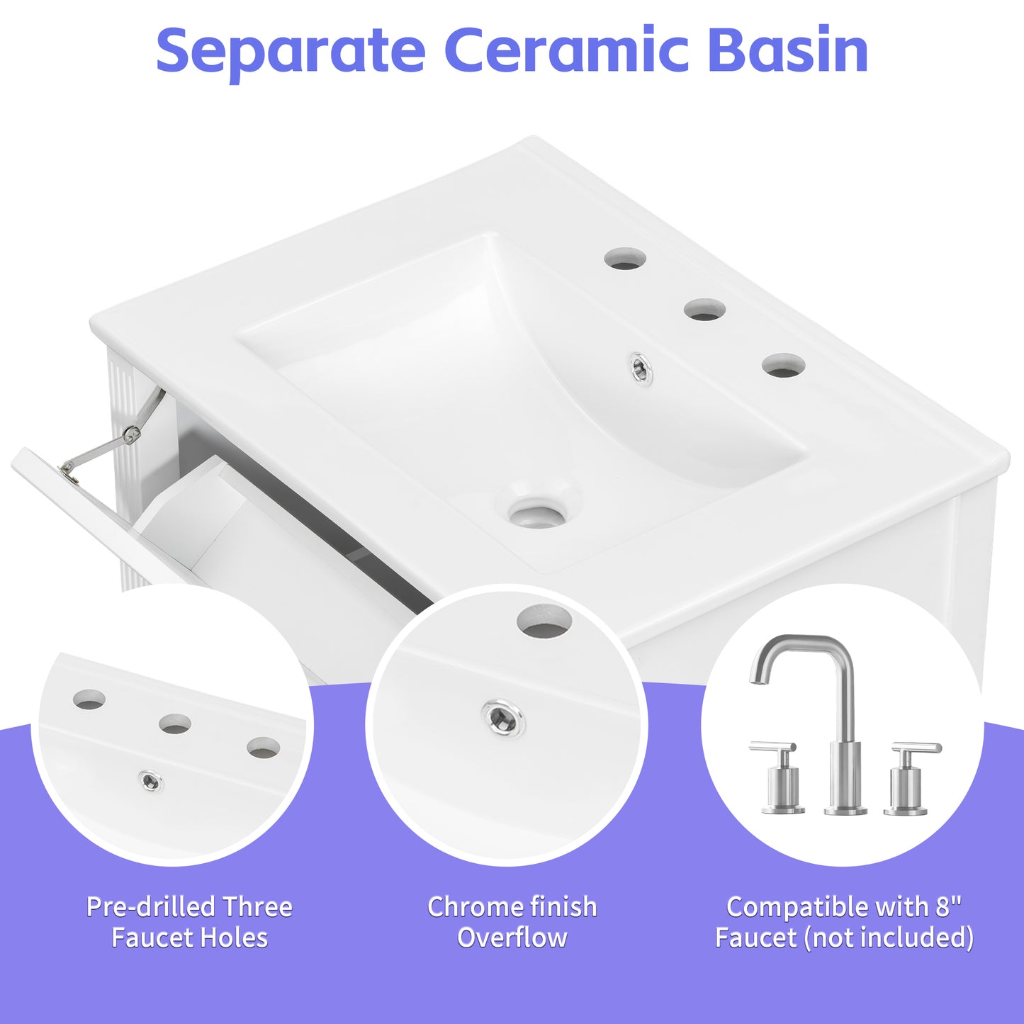 VanityFus 24-in White Bathroom Vanity Single Sink Combo Ceramic Top 1 door 3 drawers Undermount Adjustable Shelves