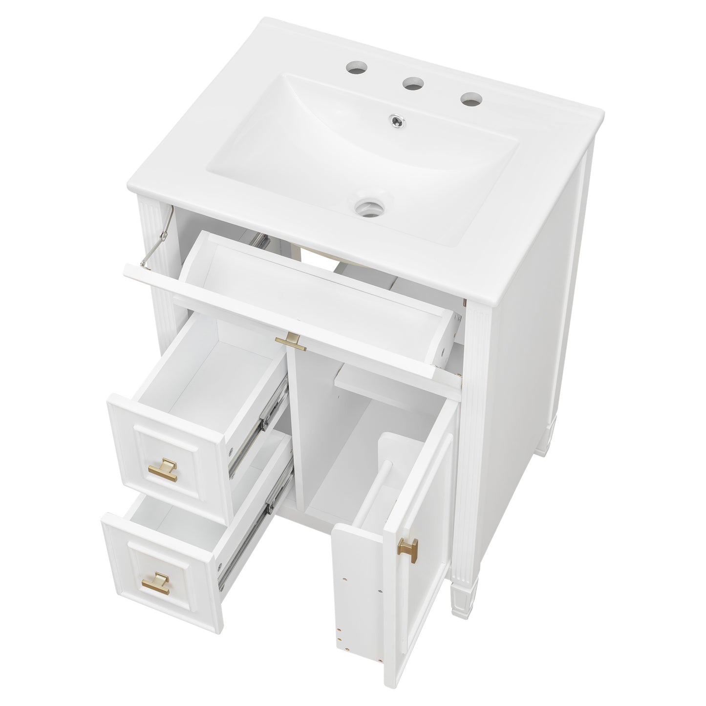 VanityFus 24-in White Bathroom Vanity Single Sink Combo Ceramic Top 1 door 3 drawers Undermount Adjustable Shelves