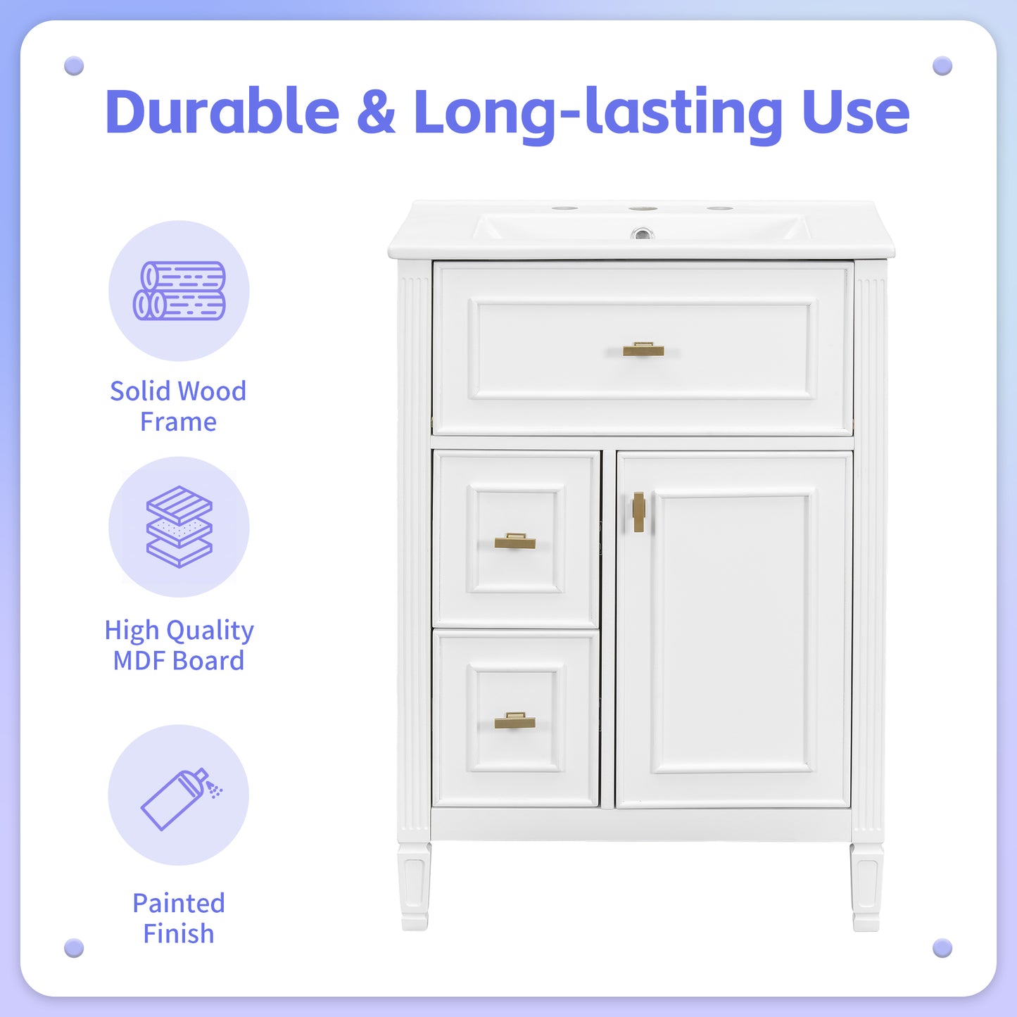 VanityFus 24-in White Bathroom Vanity Single Sink Combo Ceramic Top 1 door 3 drawers Undermount Adjustable Shelves