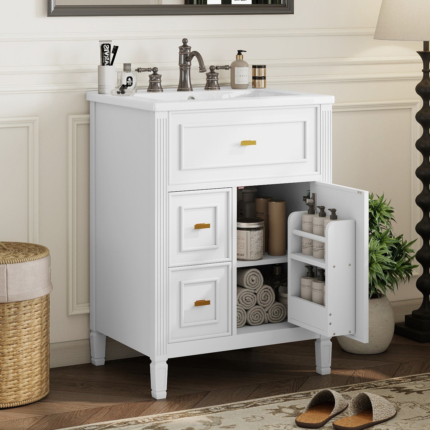 VanityFus 24-in White Bathroom Vanity Single Sink Combo Ceramic Top 1 door 3 drawers Undermount Adjustable Shelves
