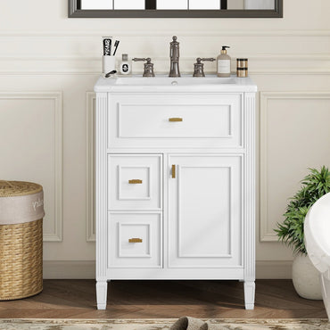 VanityFus 24-in White Bathroom Vanity Single Sink Combo Ceramic Top 1 door 3 drawers Undermount Adjustable Shelves