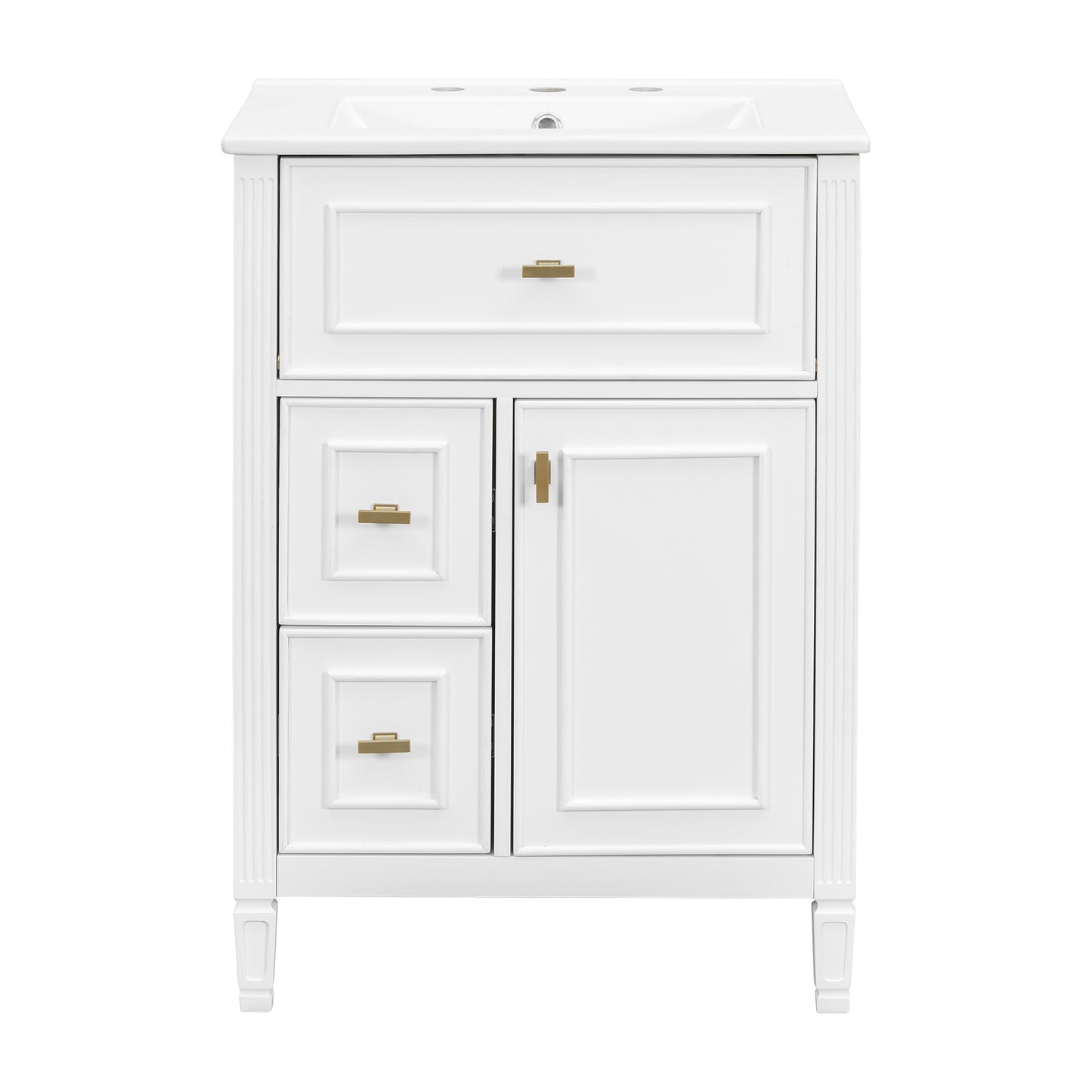 VanityFus 24-in White Bathroom Vanity Single Sink Combo Ceramic Top 1 door 3 drawers Undermount Adjustable Shelves