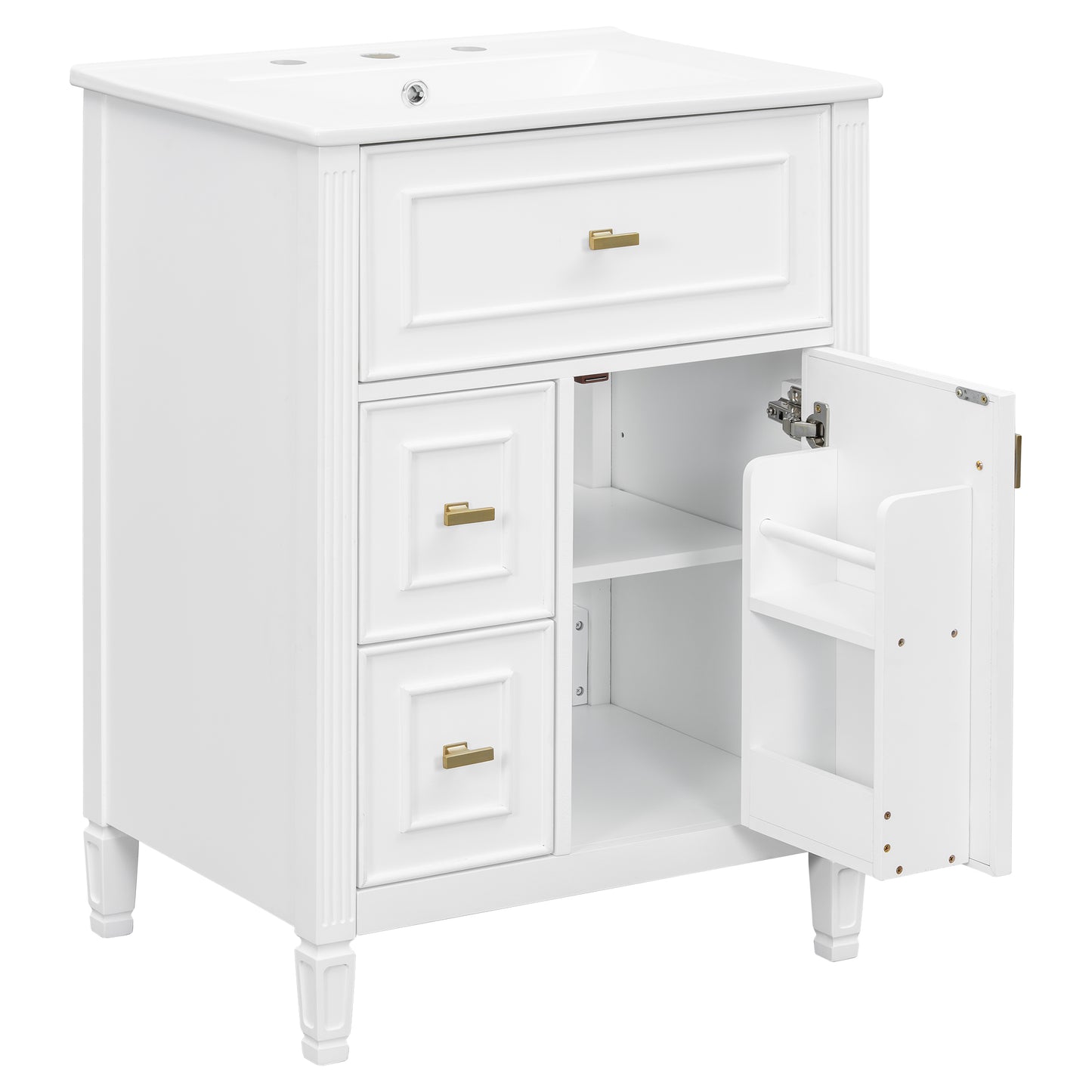 VanityFus 24-in White Bathroom Vanity Single Sink Combo Ceramic Top 1 door 3 drawers Undermount Adjustable Shelves