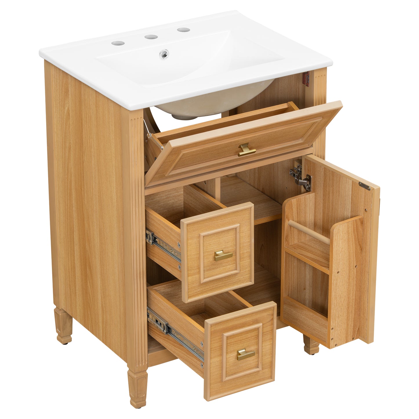 VanityFus 24-in Wood Bathroom Vanity Single Sink Combo Ceramic Top 1 door 3 drawers Undermount Adjustable Shelves