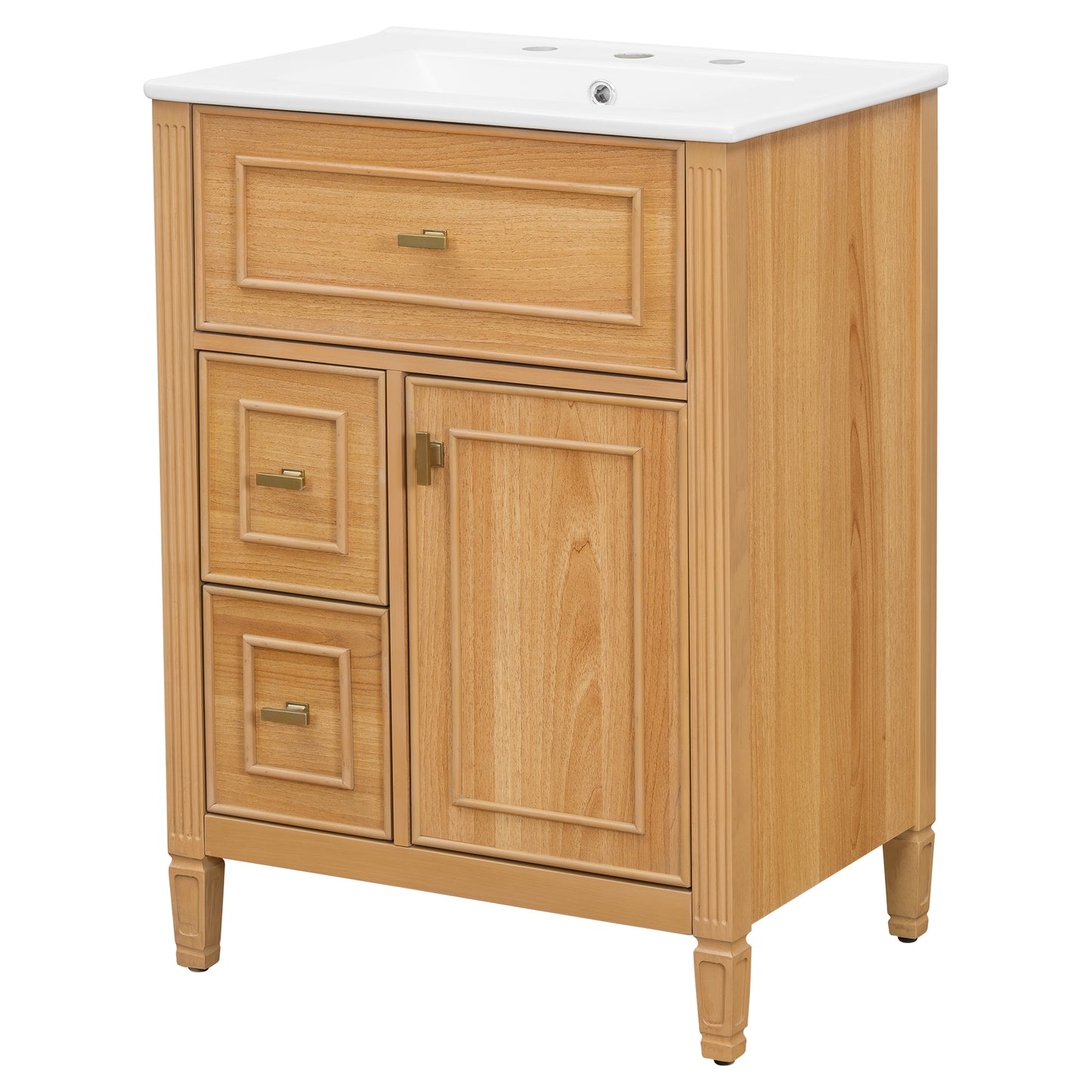 VanityFus 24-in Wood Bathroom Vanity Single Sink Combo Ceramic Top 1 door 3 drawers Undermount Adjustable Shelves