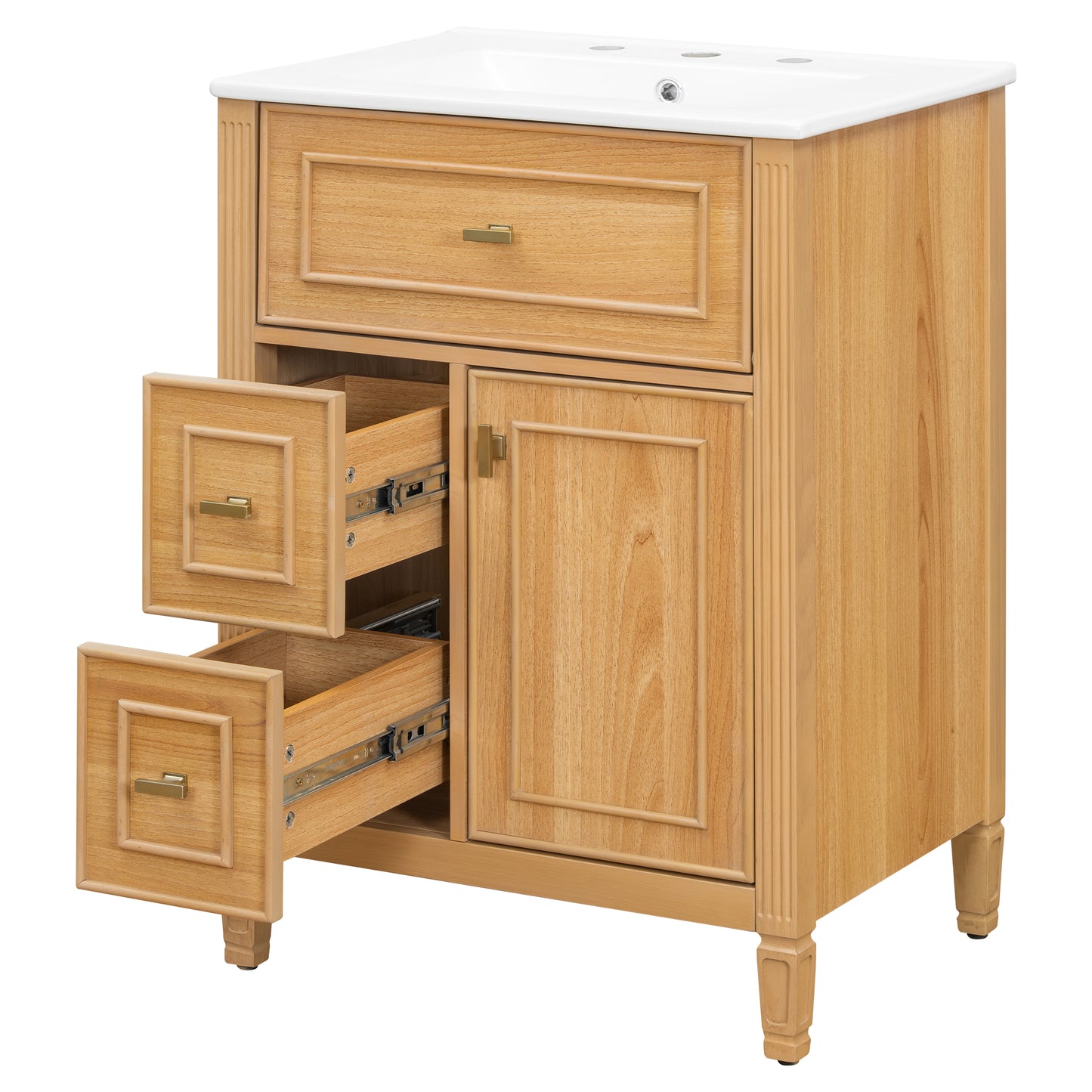 VanityFus 24-in Wood Bathroom Vanity Single Sink Combo Ceramic Top 1 door 3 drawers Undermount Adjustable Shelves