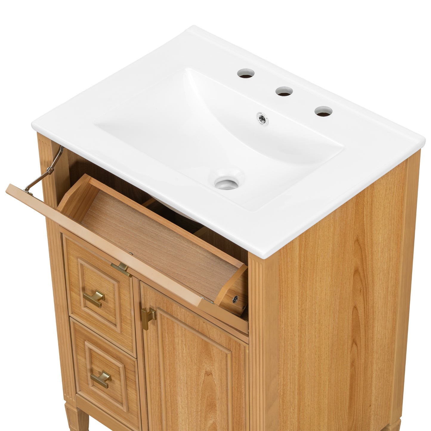 VanityFus 24-in Wood Bathroom Vanity Single Sink Combo Ceramic Top 1 door 3 drawers Undermount Adjustable Shelves