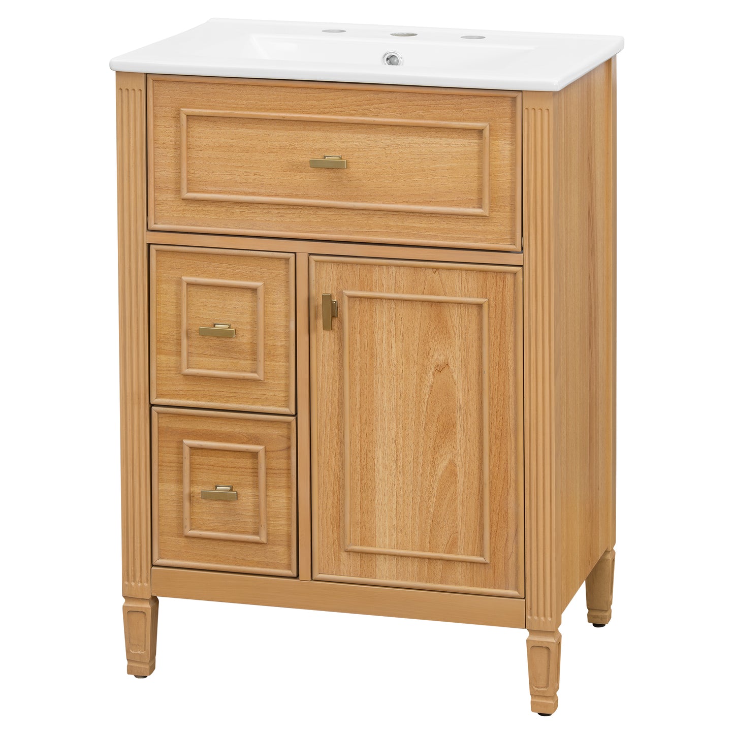 VanityFus 24-in Wood Bathroom Vanity Single Sink Combo Ceramic Top 1 door 3 drawers Undermount Adjustable Shelves