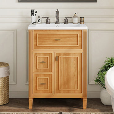VanityFus 24-in Wood Bathroom Vanity Single Sink Combo Ceramic Top 1 door 3 drawers Undermount Adjustable Shelves