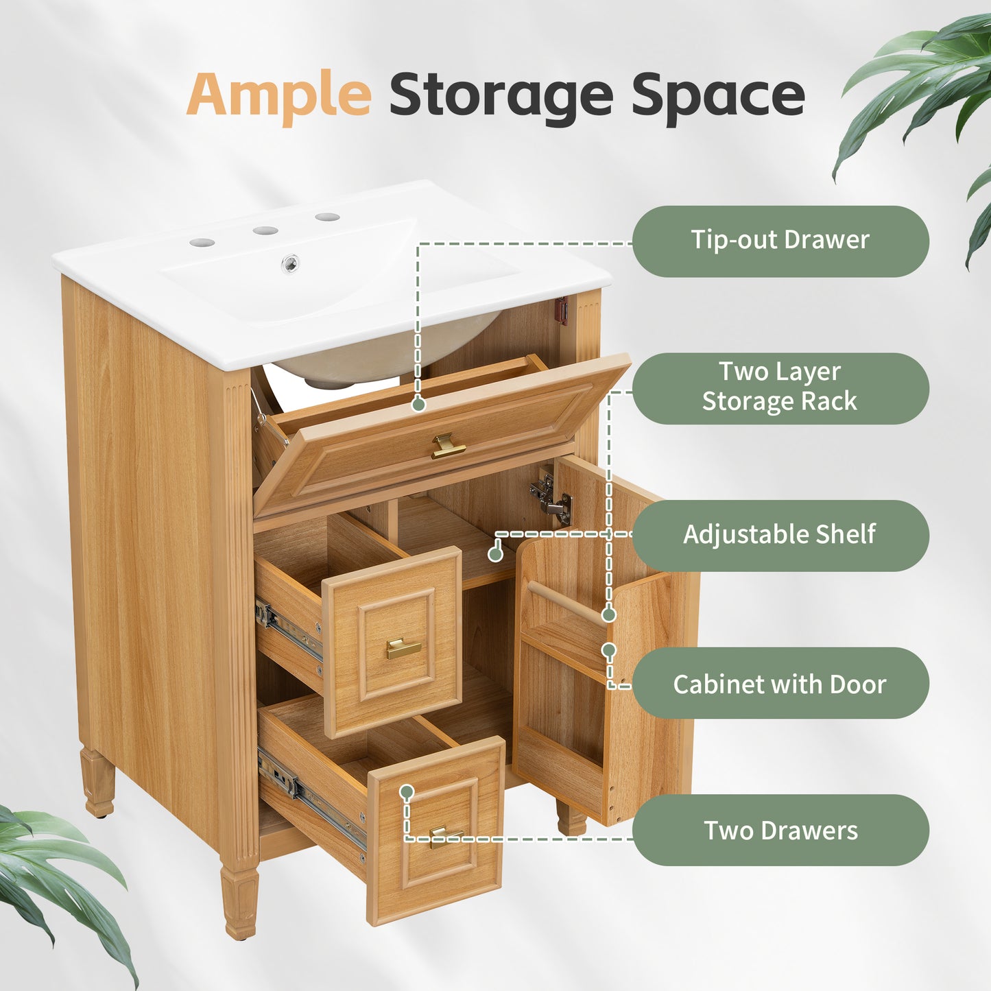 VanityFus 24-in Wood Bathroom Vanity Single Sink Combo Ceramic Top 1 door 3 drawers Undermount Adjustable Shelves