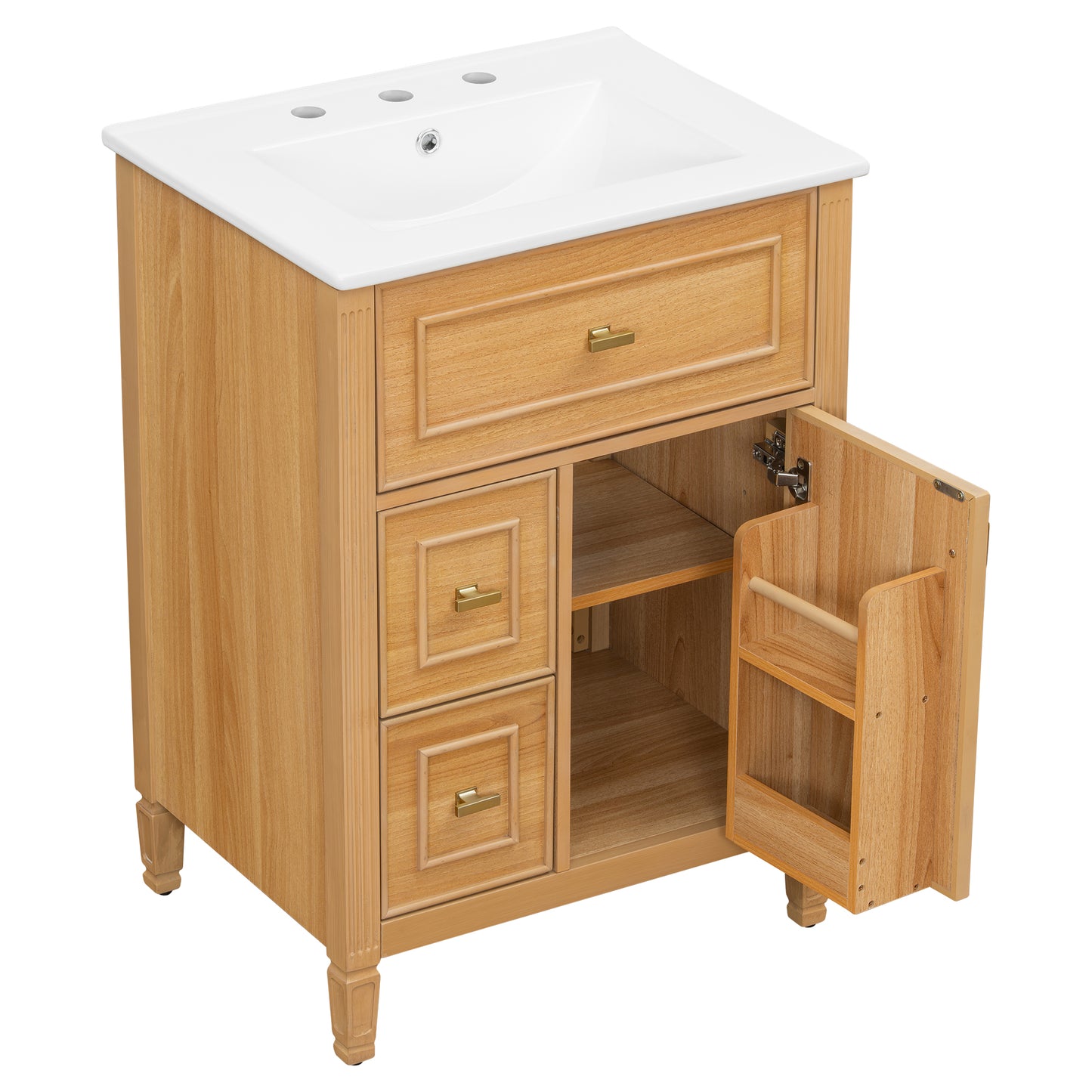 VanityFus 24-in Wood Bathroom Vanity Single Sink Combo Ceramic Top 1 door 3 drawers Undermount Adjustable Shelves