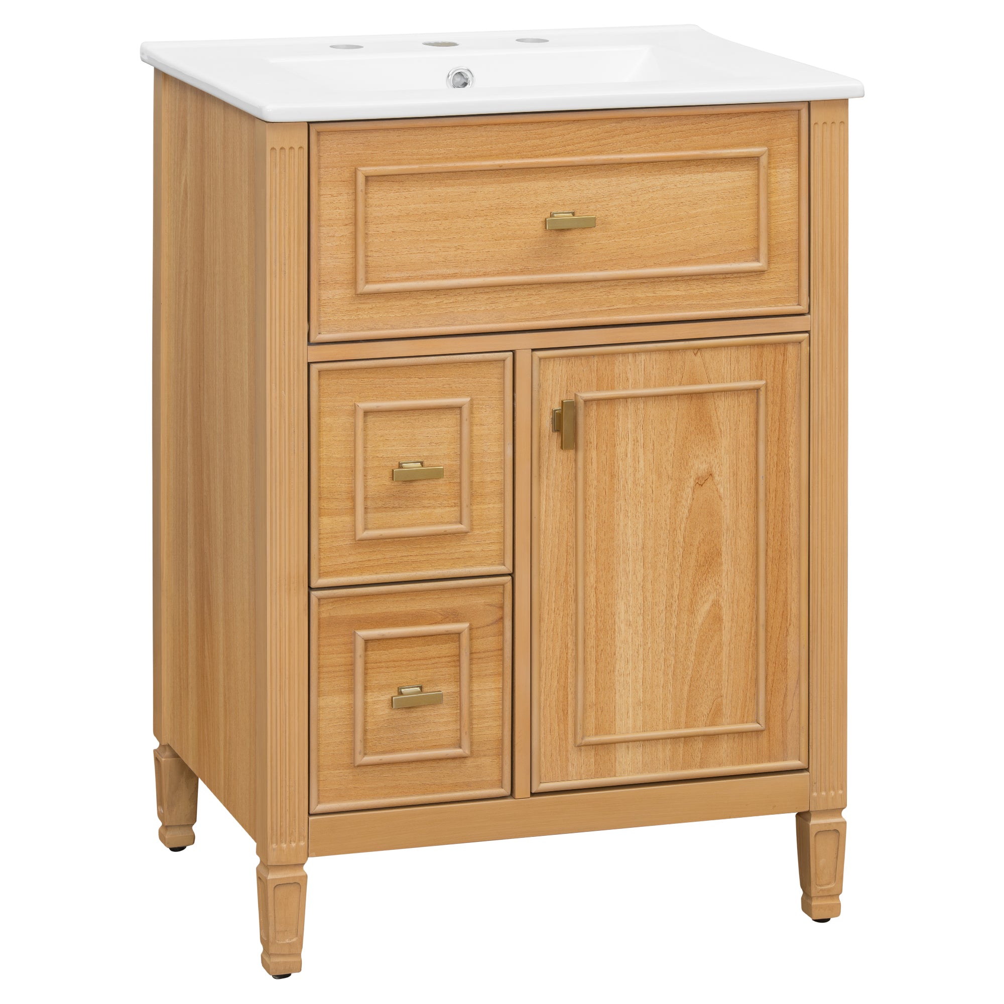 VanityFus 24-in Wood Bathroom Vanity Single Sink Combo Ceramic Top 1 door 3 drawers Undermount Adjustable Shelves