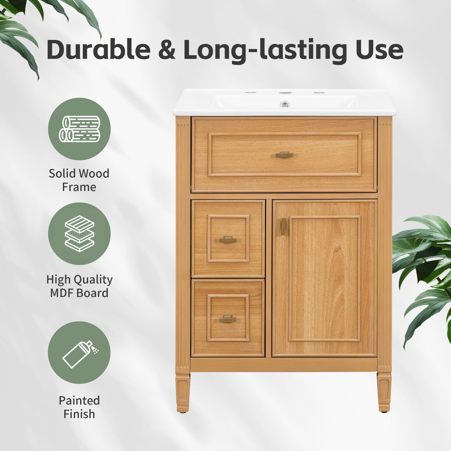 VanityFus 24-in Wood Bathroom Vanity Single Sink Combo Ceramic Top 1 door 3 drawers Undermount Adjustable Shelves
