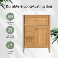 VanityFus 24-in Wood Bathroom Vanity Single Sink Combo Ceramic Top 1 door 3 drawers Undermount Adjustable Shelves