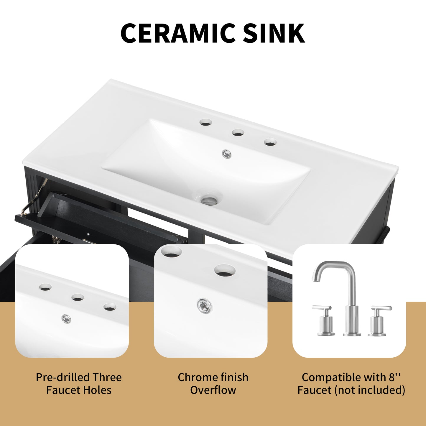 VanityFus 36-in Black Bathroom Vanity Single Sink Combo Ceramic Top 1 door 4 drawers Undermount Adjustable Shelves