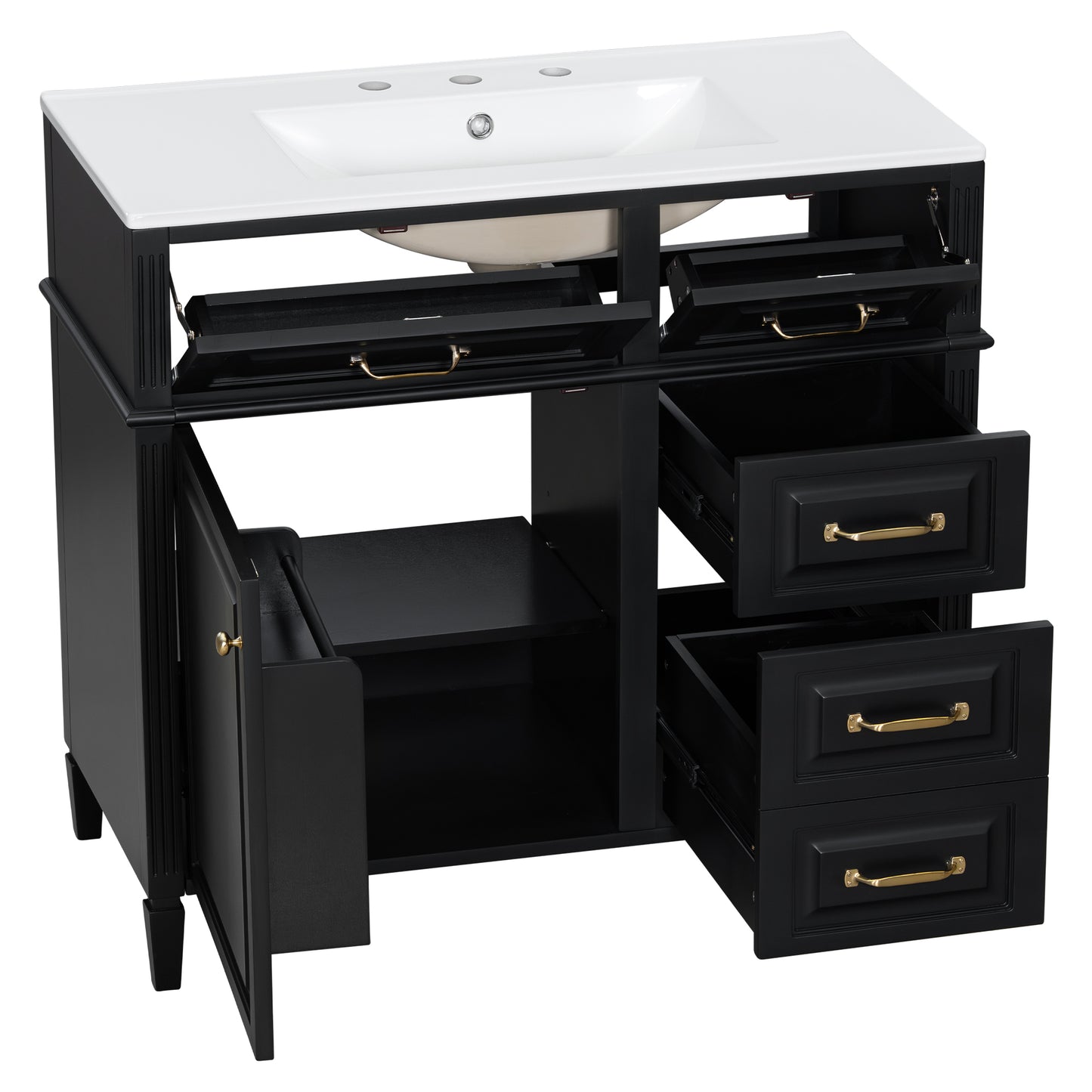 VanityFus 36-in Black Bathroom Vanity Single Sink Combo Ceramic Top 1 door 4 drawers Undermount Adjustable Shelves