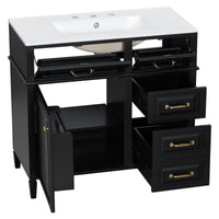 VanityFus 36-in Black Bathroom Vanity Single Sink Combo Ceramic Top 1 door 4 drawers Undermount Adjustable Shelves