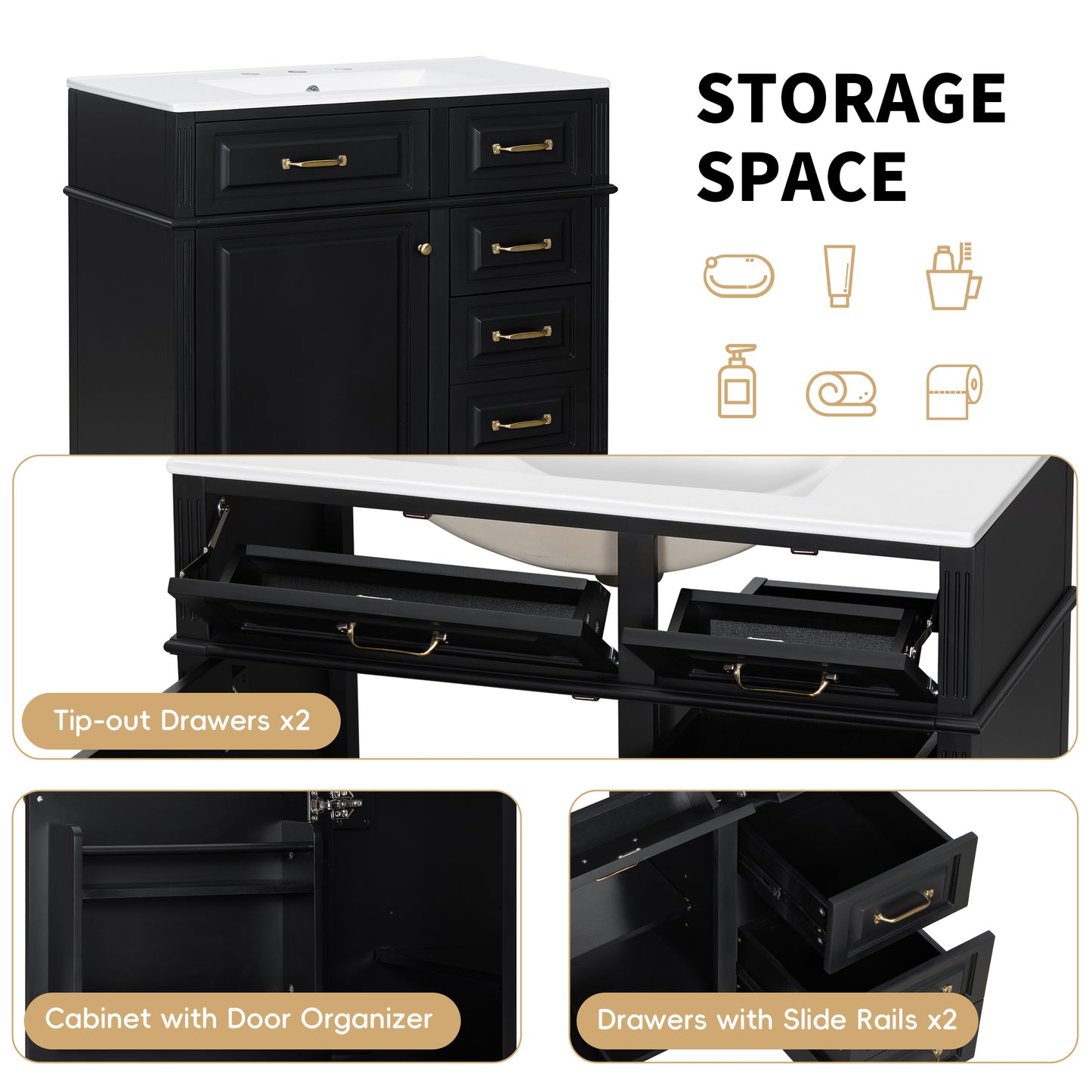 VanityFus 36-in Black Bathroom Vanity Single Sink Combo Ceramic Top 1 door 4 drawers Undermount Adjustable Shelves