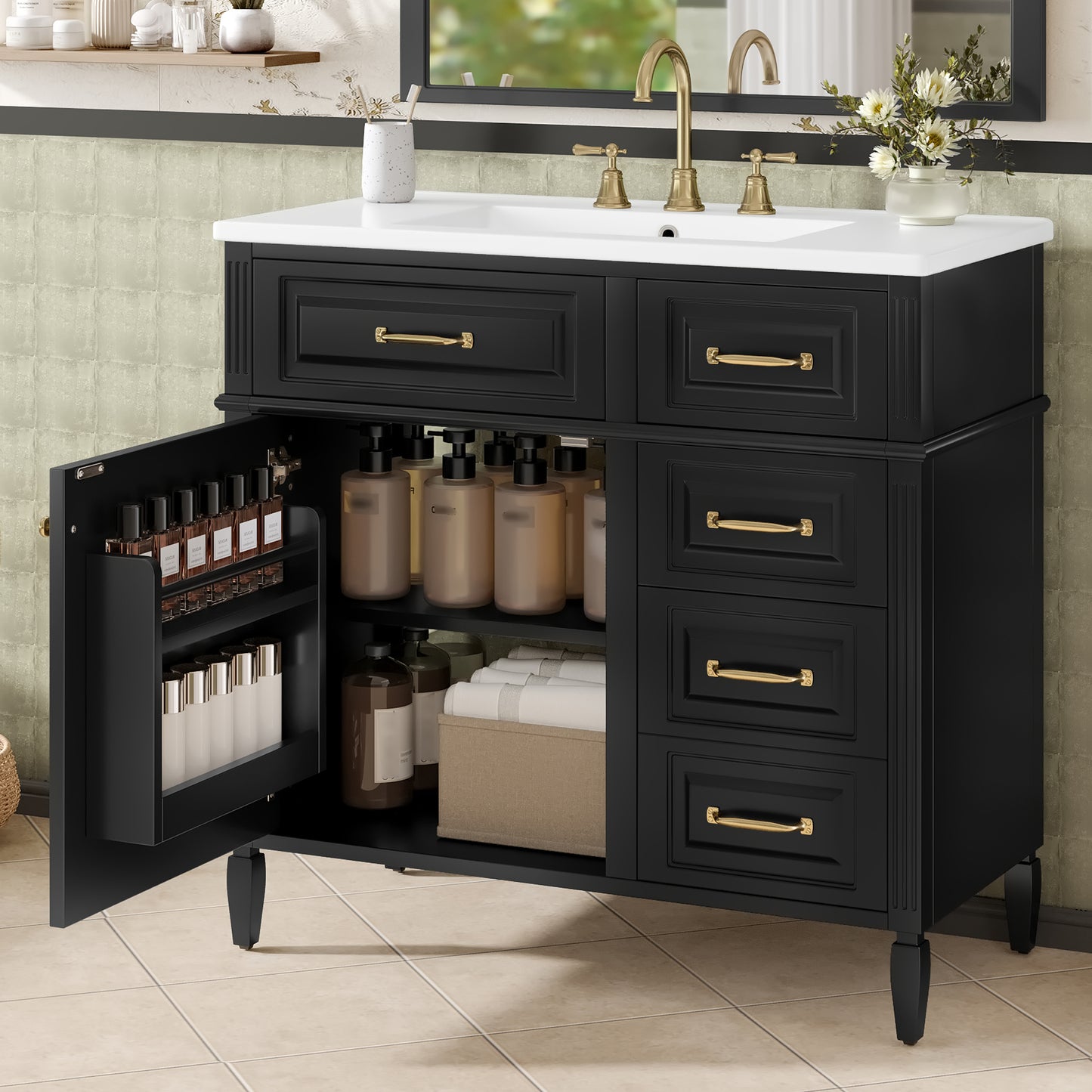 VanityFus 36-in Black Bathroom Vanity Single Sink Combo Ceramic Top 1 door 4 drawers Undermount Adjustable Shelves