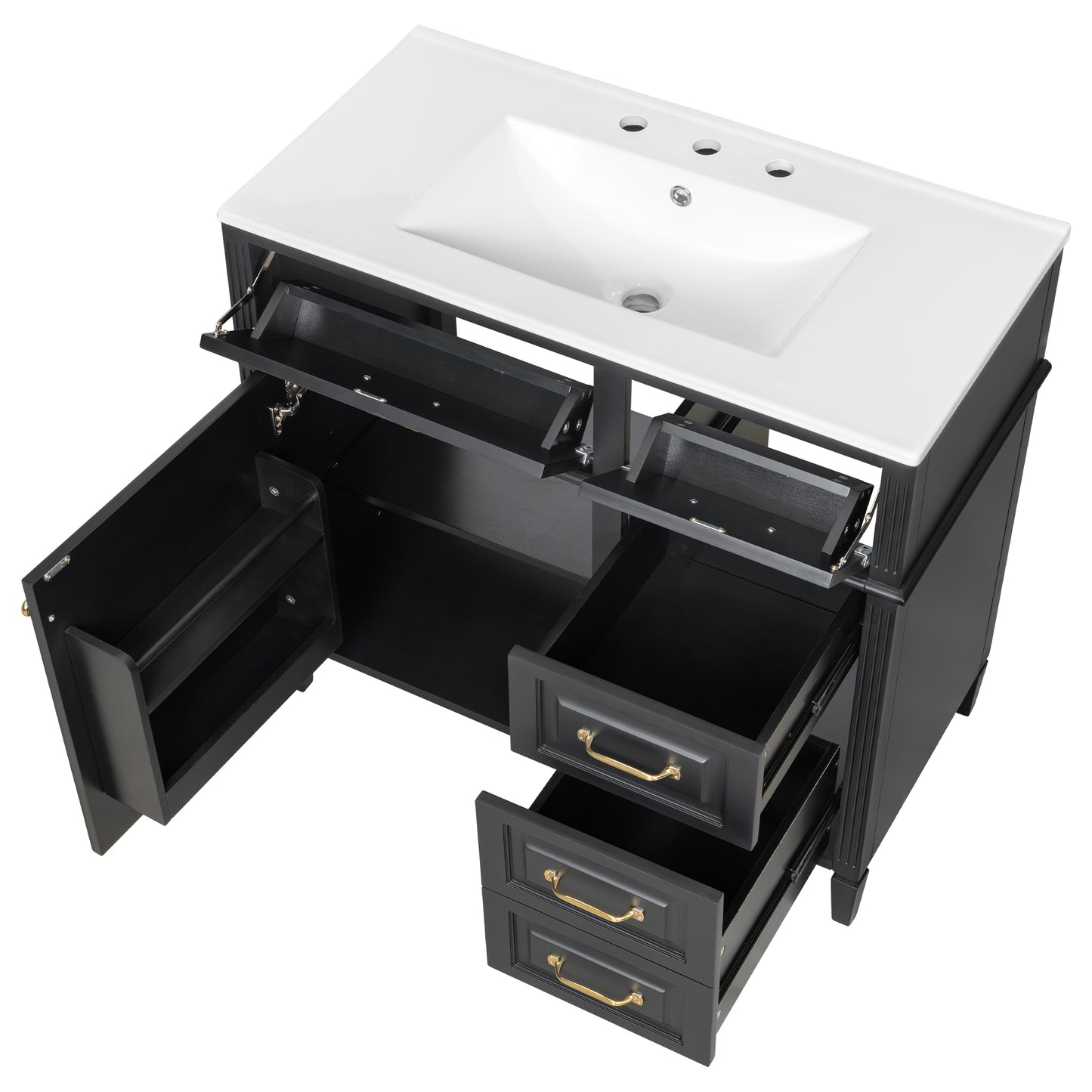 VanityFus 36-in Black Bathroom Vanity Single Sink Combo Ceramic Top 1 door 4 drawers Undermount Adjustable Shelves