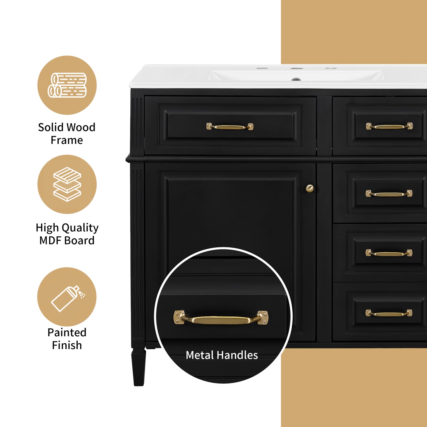 VanityFus 36-in Black Bathroom Vanity Single Sink Combo Ceramic Top 1 door 4 drawers Undermount Adjustable Shelves
