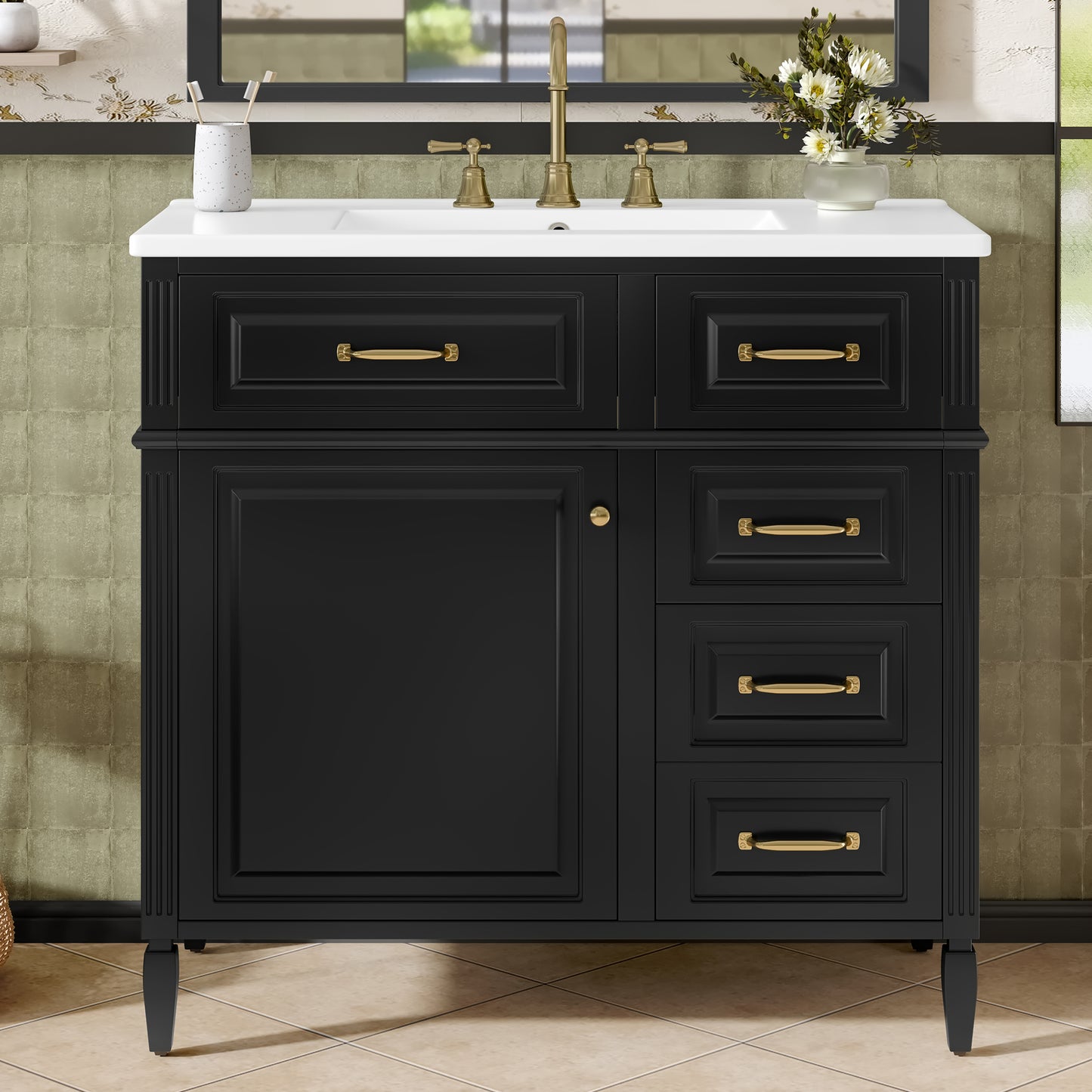 VanityFus 36-in Black Bathroom Vanity Single Sink Combo Ceramic Top 1 door 4 drawers Undermount Adjustable Shelves