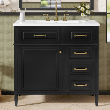 VanityFus 36-in Black Bathroom Vanity Single Sink Combo Ceramic Top 1 door 4 drawers Undermount Adjustable Shelves