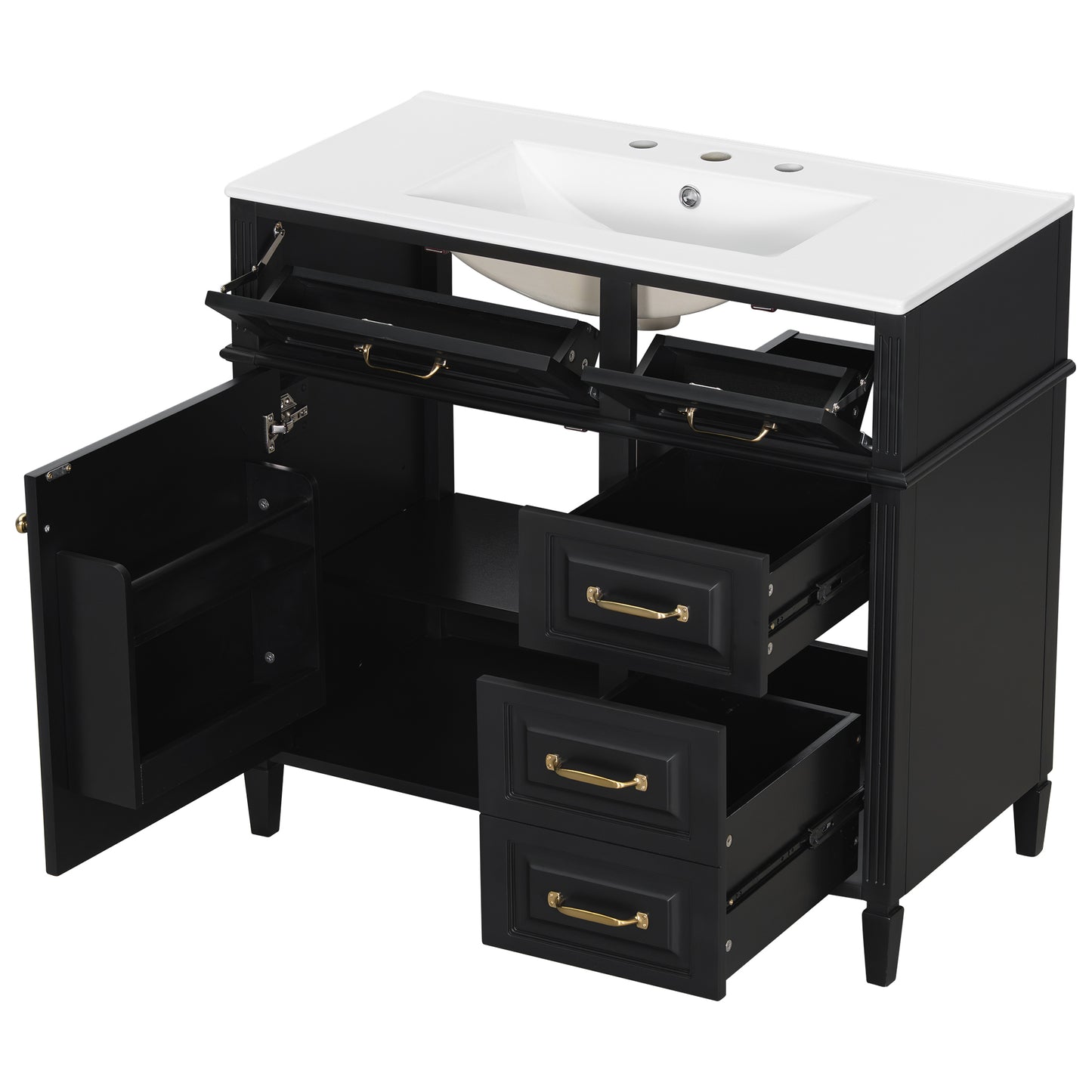 VanityFus 36-in Black Bathroom Vanity Single Sink Combo Ceramic Top 1 door 4 drawers Undermount Adjustable Shelves