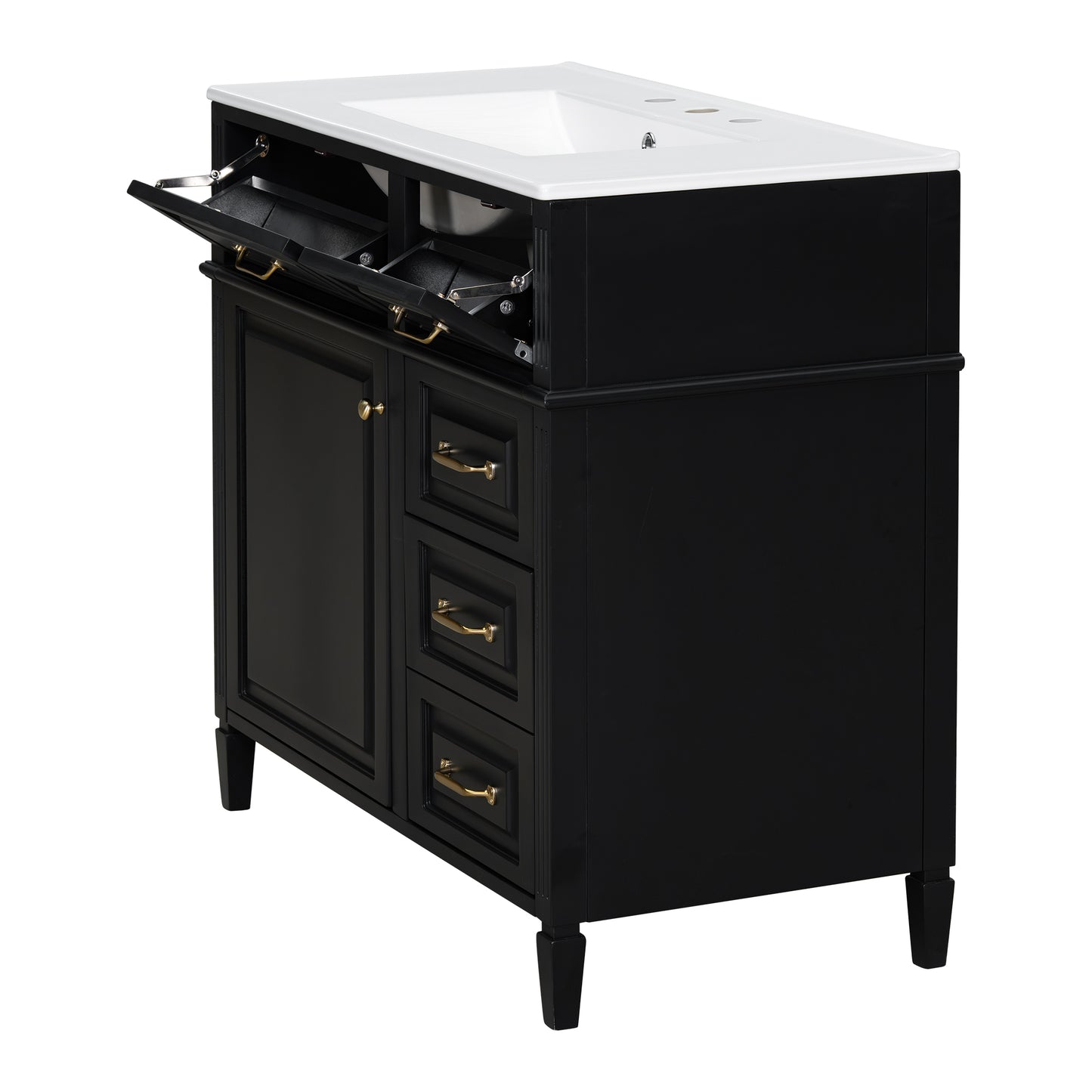 VanityFus 36-in Black Bathroom Vanity Single Sink Combo Ceramic Top 1 door 4 drawers Undermount Adjustable Shelves