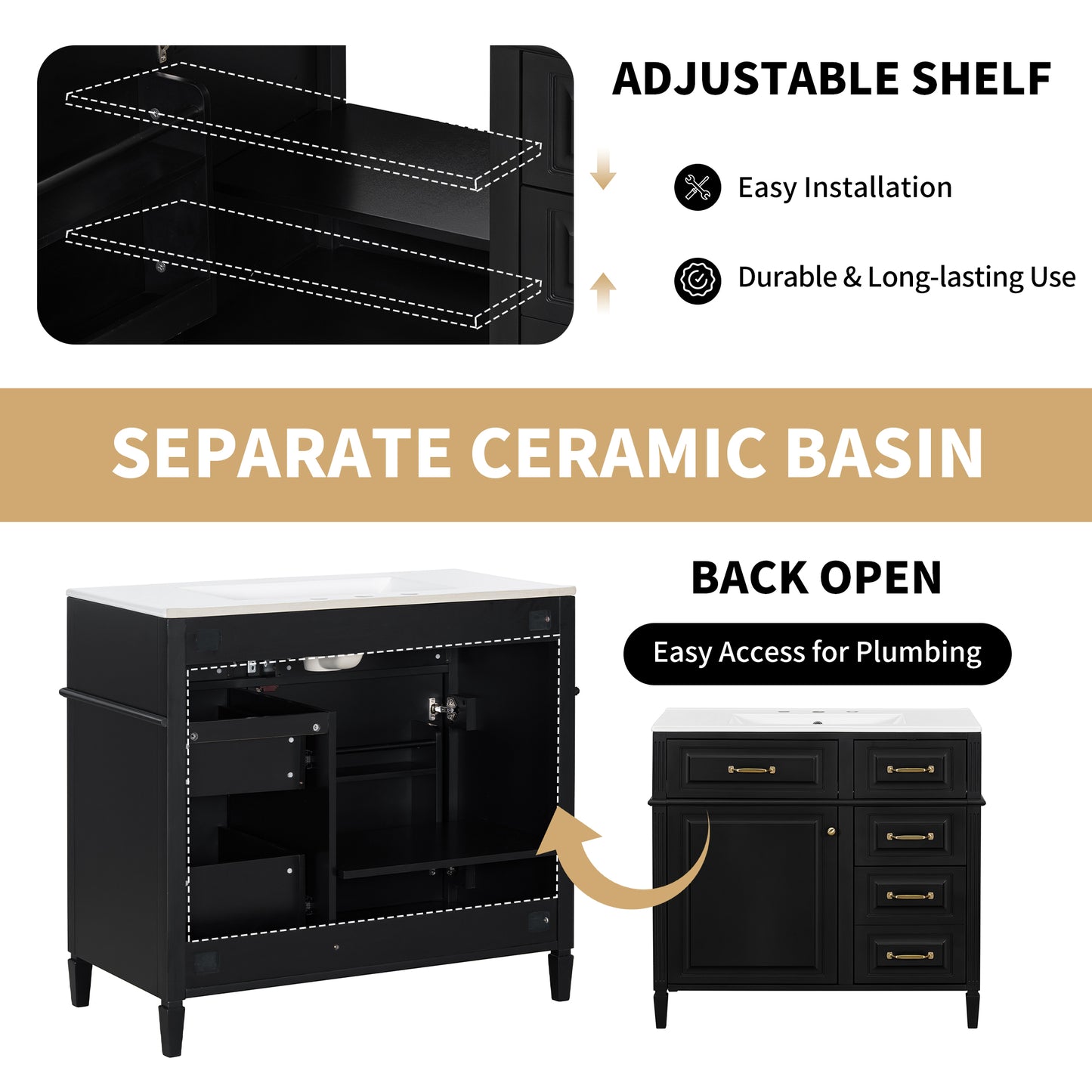 VanityFus 36-in Black Bathroom Vanity Single Sink Combo Ceramic Top 1 door 4 drawers Undermount Adjustable Shelves