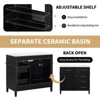 VanityFus 36-in Black Bathroom Vanity Single Sink Combo Ceramic Top 1 door 4 drawers Undermount Adjustable Shelves