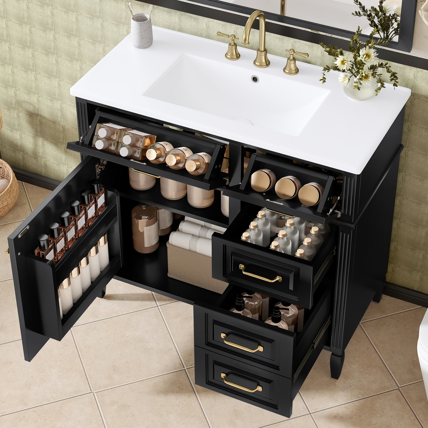 VanityFus 36-in Black Bathroom Vanity Single Sink Combo Ceramic Top 1 door 4 drawers Undermount Adjustable Shelves