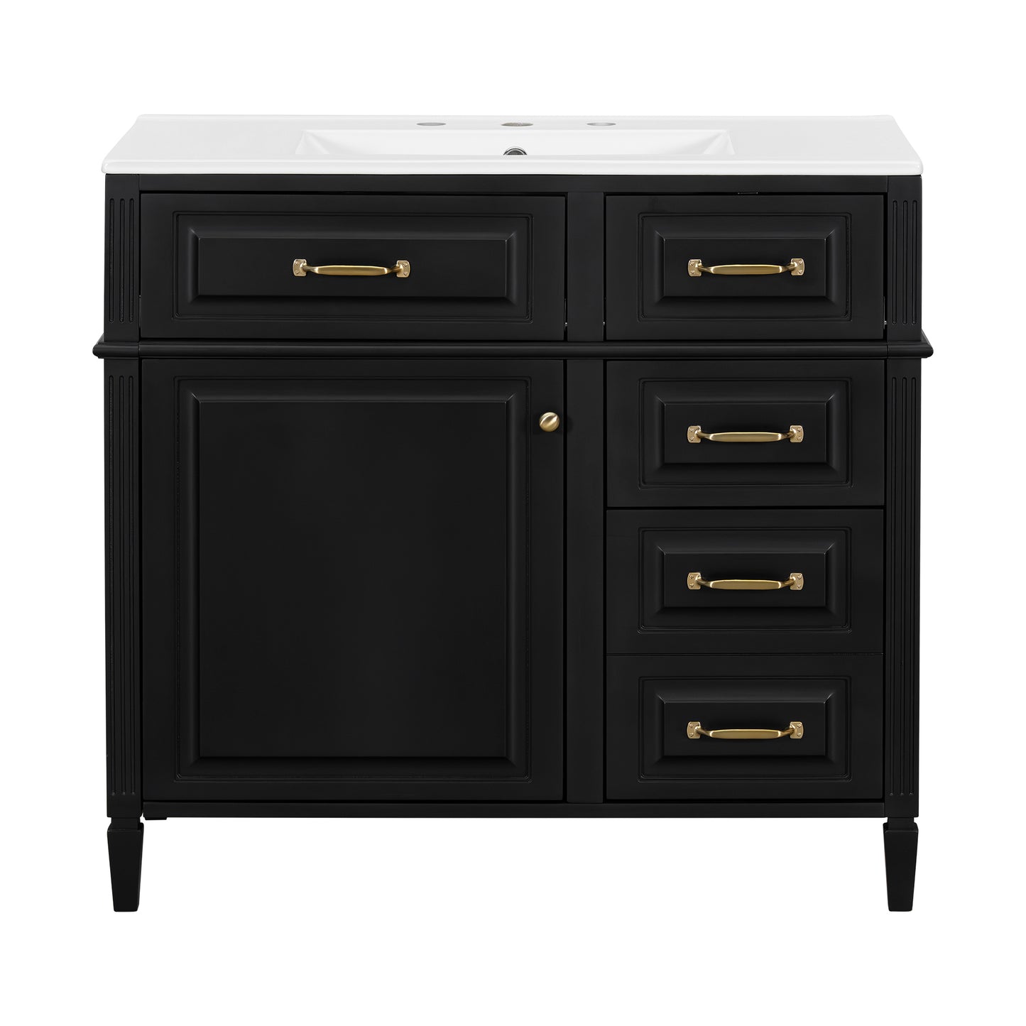 VanityFus 36-in Black Bathroom Vanity Single Sink Combo Ceramic Top 1 door 4 drawers Undermount Adjustable Shelves