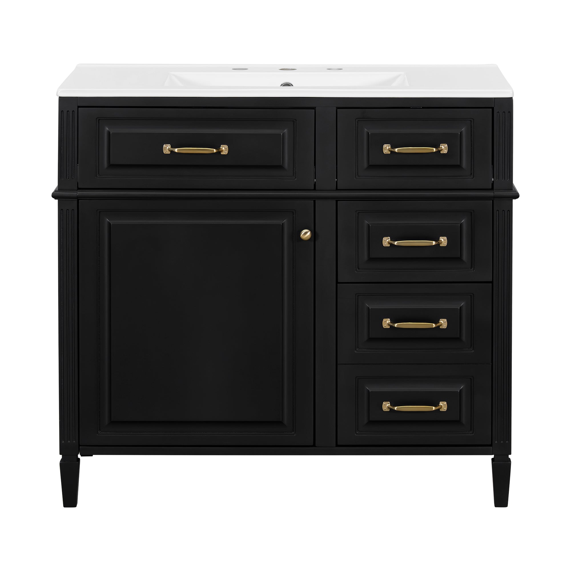 VanityFus 36-in Black Bathroom Vanity Single Sink Combo Ceramic Top 1 door 4 drawers Undermount Adjustable Shelves