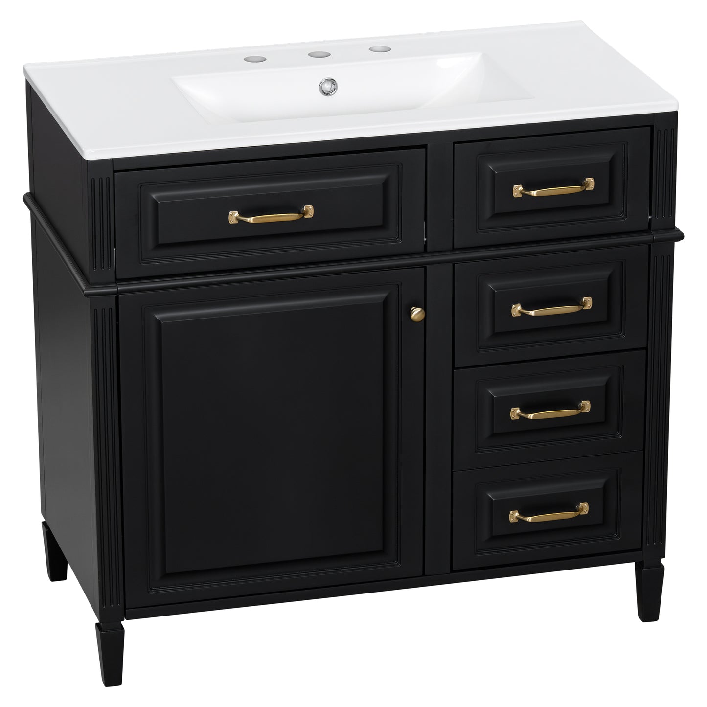 VanityFus 36-in Black Bathroom Vanity Single Sink Combo Ceramic Top 1 door 4 drawers Undermount Adjustable Shelves