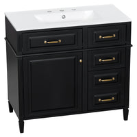 VanityFus 36-in Black Bathroom Vanity Single Sink Combo Ceramic Top 1 door 4 drawers Undermount Adjustable Shelves