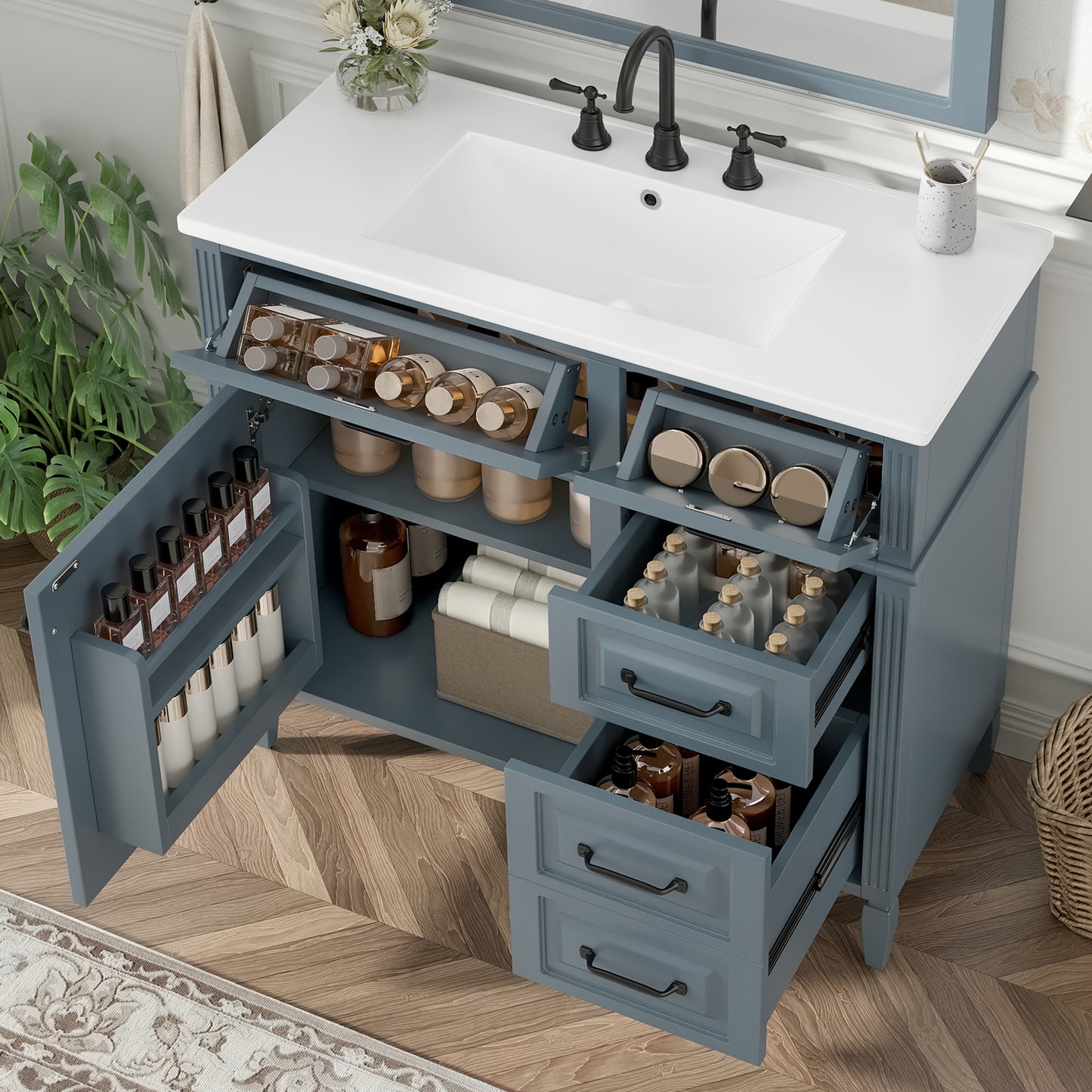 VanityFus 36-in Grey Blue Bathroom Vanity Single Sink Combo Ceramic Top 1 door 4 drawers Undermount Adjustable Shelves