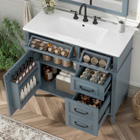 VanityFus 36-in Grey Blue Bathroom Vanity Single Sink Combo Ceramic Top 1 door 4 drawers Undermount Adjustable Shelves