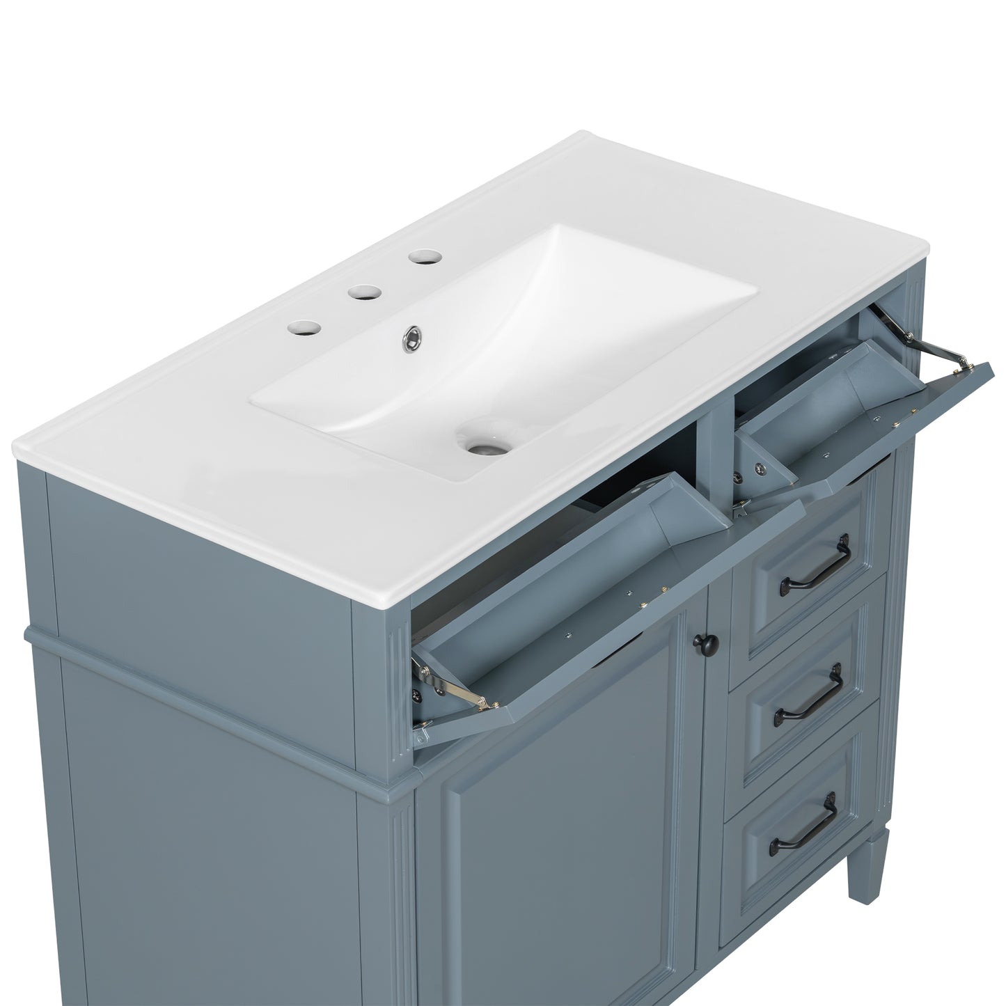 VanityFus 36-in Grey Blue Bathroom Vanity Single Sink Combo Ceramic Top 1 door 4 drawers Undermount Adjustable Shelves