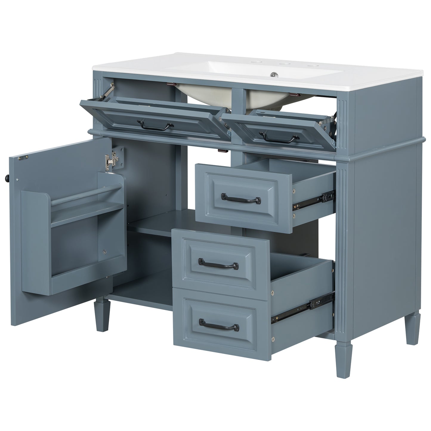 VanityFus 36-in Grey Blue Bathroom Vanity Single Sink Combo Ceramic Top 1 door 4 drawers Undermount Adjustable Shelves