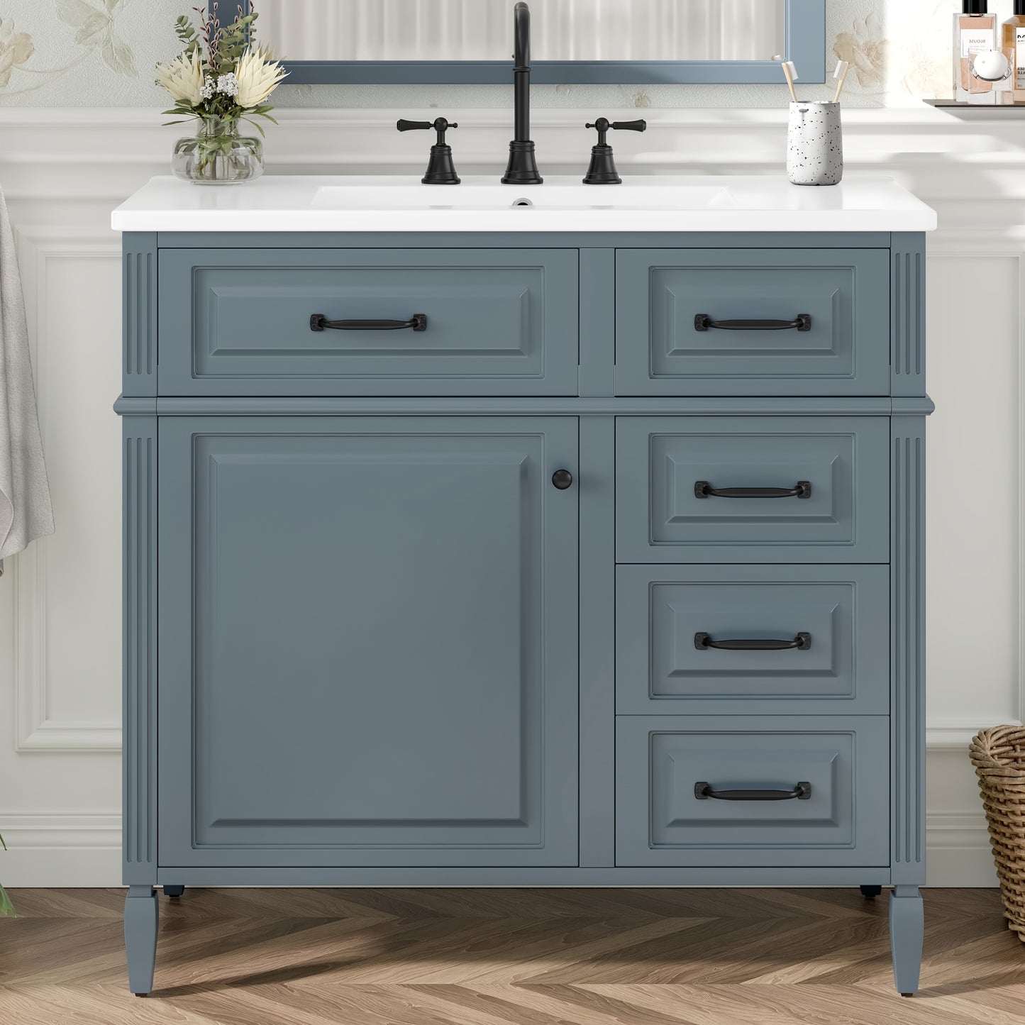 VanityFus 36-in Grey Blue Bathroom Vanity Single Sink Combo Ceramic Top 1 door 4 drawers Undermount Adjustable Shelves