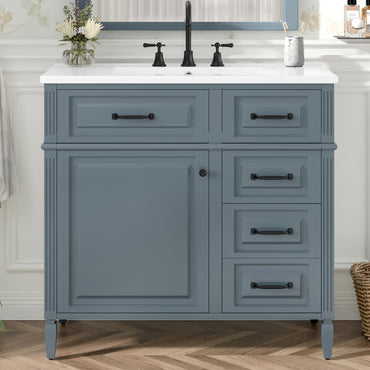 VanityFus 36-in Grey Blue Bathroom Vanity Single Sink Combo Ceramic Top 1 door 4 drawers Undermount Adjustable Shelves